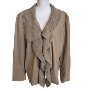 Chico's Jacket Women's Sz 3 16/18 Taupe Faux Leather Knit Collar Trim Lined Soft